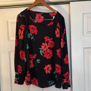 Express Black Blouse with Red Floral Design